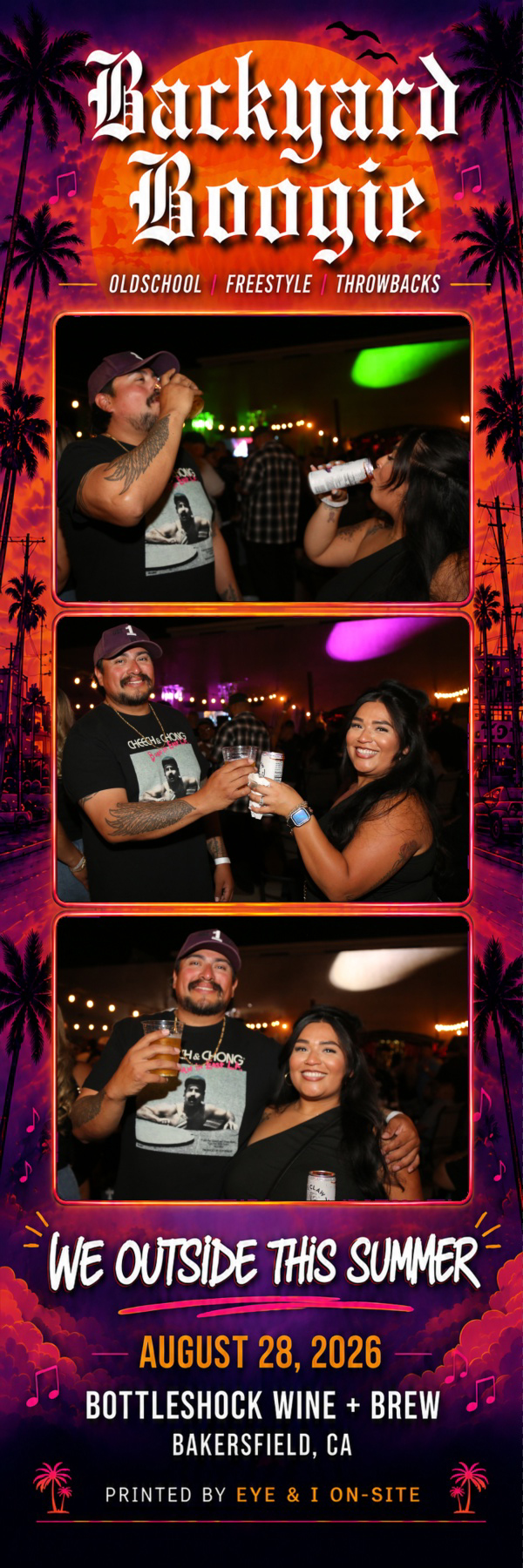 Couple toasting drinks and posing together under colorful lights