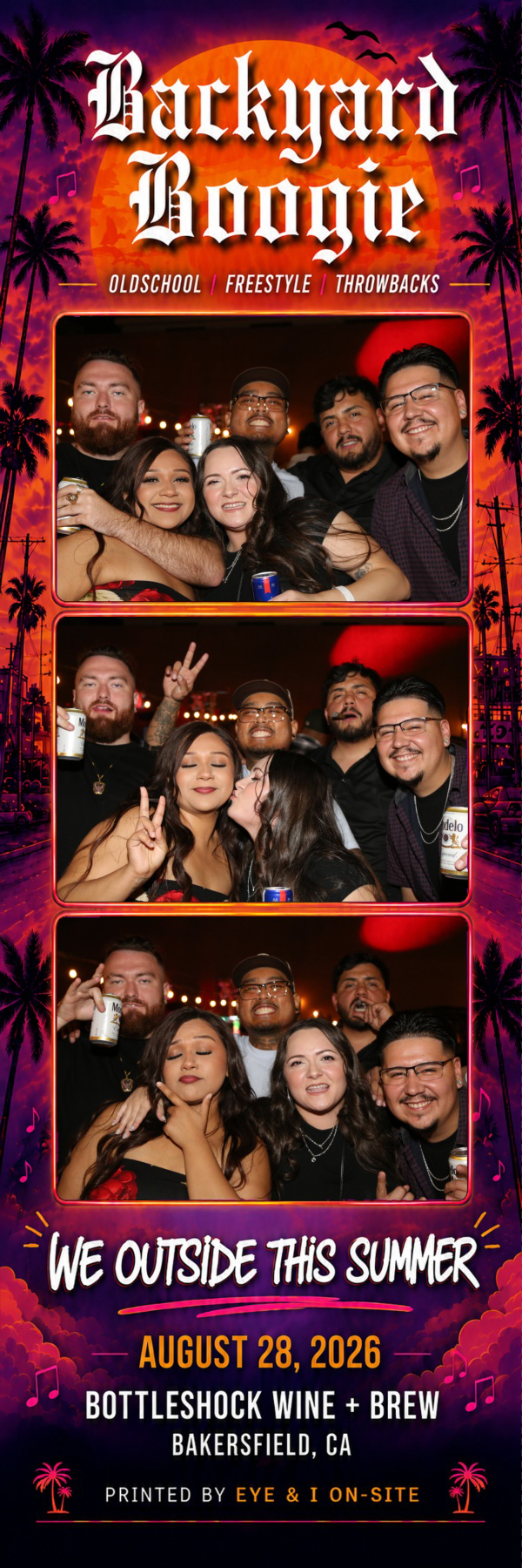 Group of friends posing together, laughing and toasting drinks