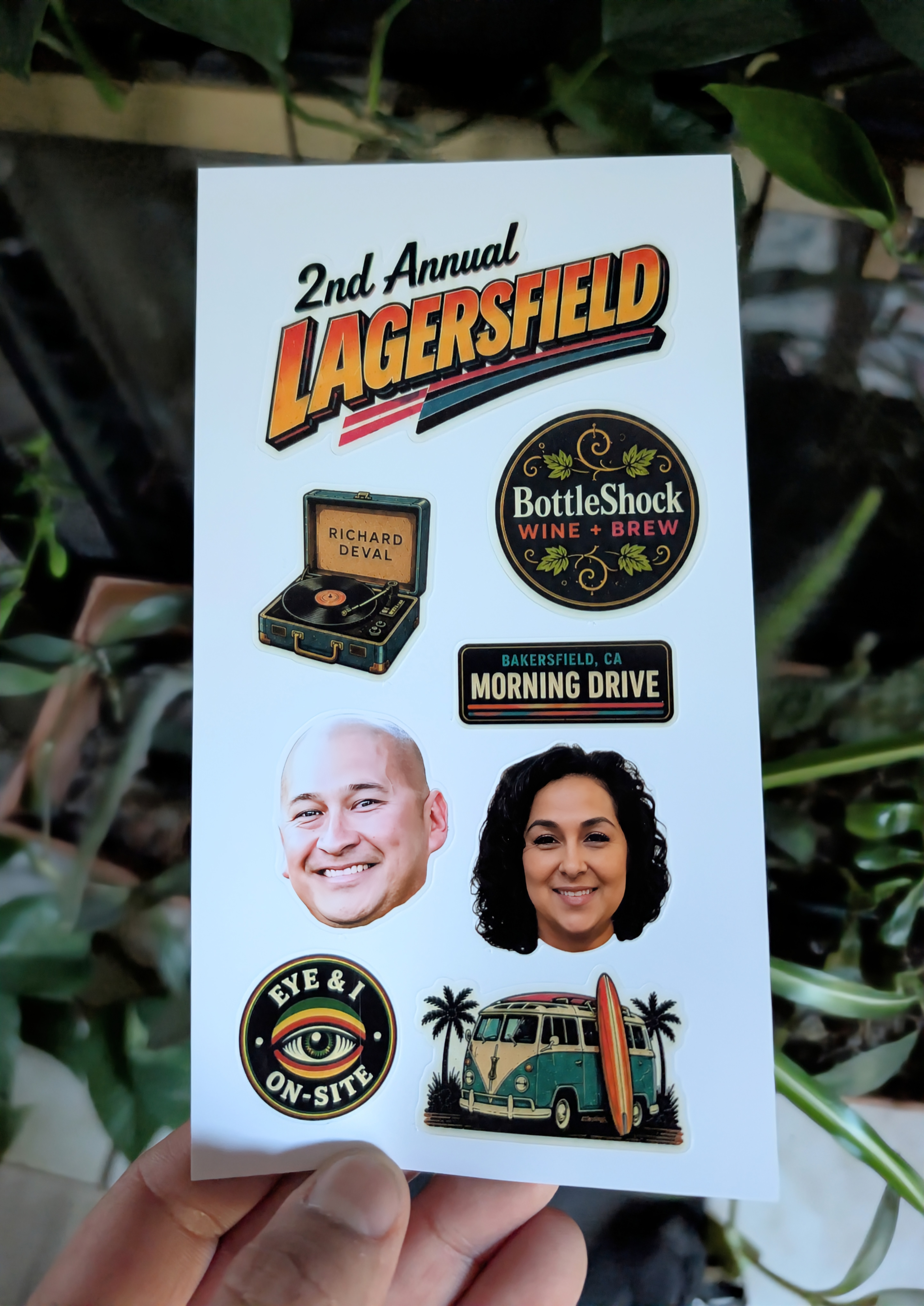 A custom Lagersfield sticker sheet featuring the event wordmark, BottleShock crest, Morning Drive, DJ Richard Deval, hops, a surf bus, and the Eye & I On-Site eye logo