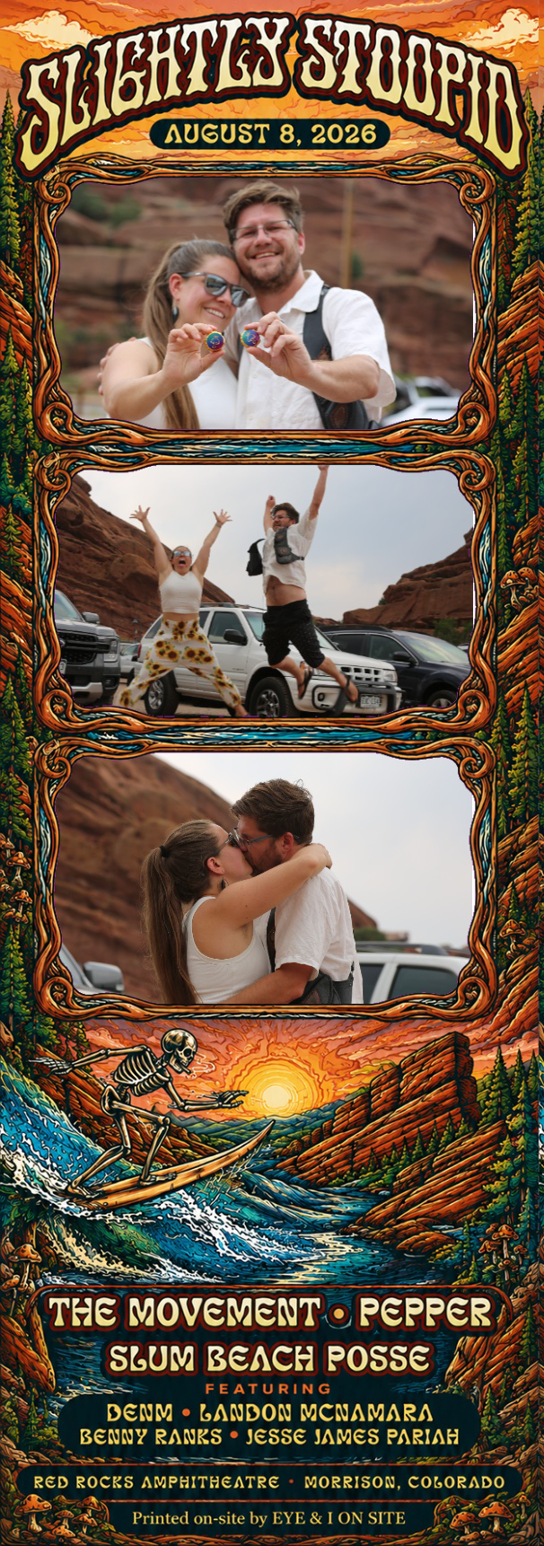 Couple showing off their tickets, jumping with excitement, and sharing a kiss in the parking lot
